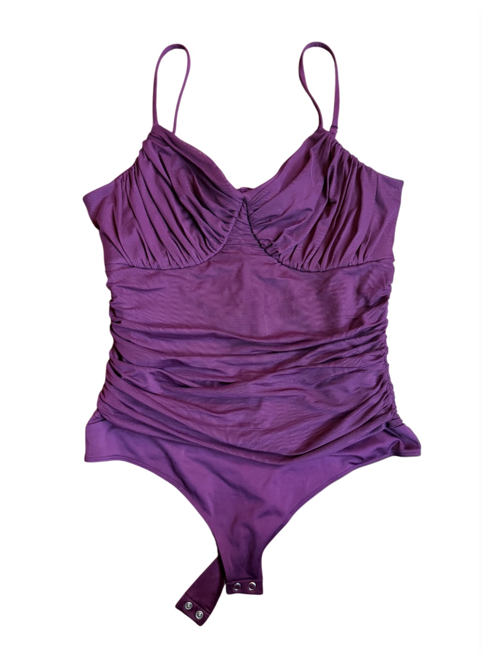 Express Purple Ruched One-Piece Bodysuit with Adjustable Straps